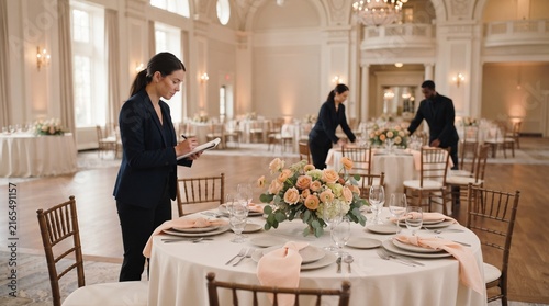 Event crew prepares a pastel ballroom reception