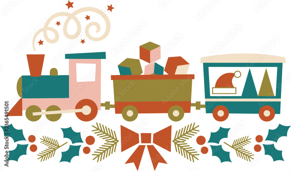 Naklejka premium Cute cartoon christmas train carrying festive gifts and holiday decorations isolated on a white background for seasonal greeting card design