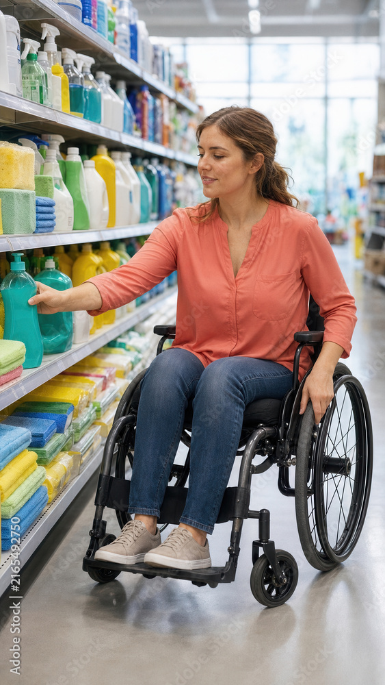 Obraz premium Woman in a wheelchair reaches for a bottle of cleaning product on a supermarket aisle shelf while browsing household supplies.