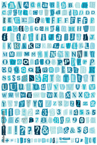 Blue collage alphabet with uppercase and lowercase letters, numbers and symbols. Mixed typography character set in vector style, for creative design, posters, scrapbooking, branding, graphic projects