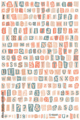Colorful collage alphabet with uppercase and lowercase letters, numbers and symbols. Mixed typography character set with decorative letterforms for scrapbooking, posters and creative design projects.