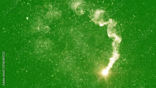 Golden magical light burst explosion with sparks on green screen