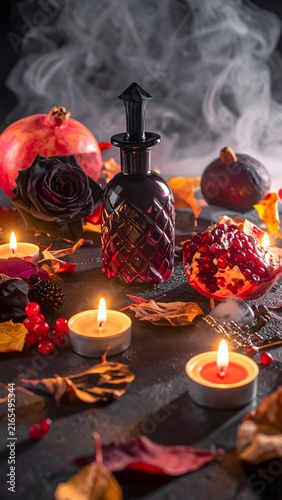 A spooky Halloween still life arrangement featuring a dark ornate bottle, pomegranates, dried leaves, black rose, and lit candles creates an atmosphere of mystery and enchantment.