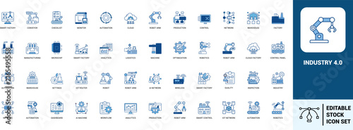 Industry 4.0 line art icons set smart factory, robot arm, automation, manufacturing, robotics, conveyor, production, warehouse, Web icon, App icon, Outline icon, Editable stroke, line art, Vector EPS