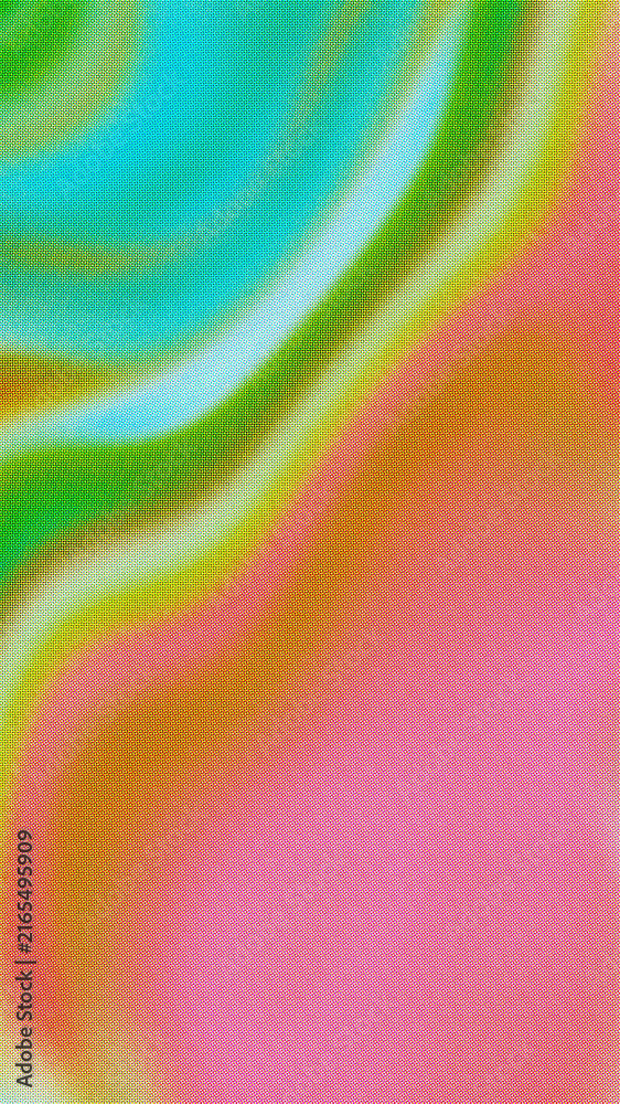 Fototapeta premium Abstract iridescent halftone background dot pattern with liquid silk texture in warm orange, coral pink, and cyan. Pairs with luxury fashion and cosmetic branding aesthetic for a futuristic look.