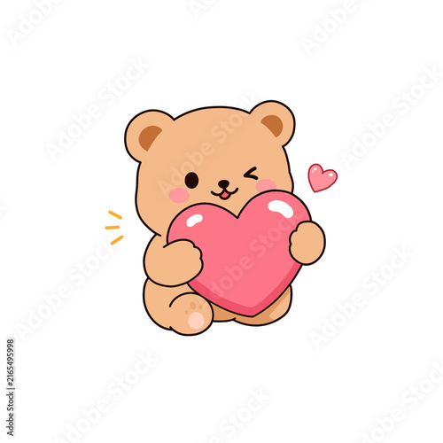 Cute teddy bear holding a pink heart with a sweet kawaii illustration style.
