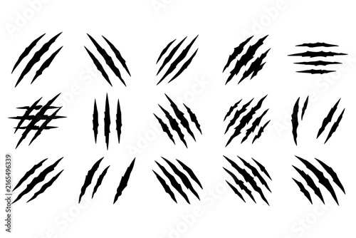 Set of black claw scratch marks, predator slash and animal rip vectors isolated on white background