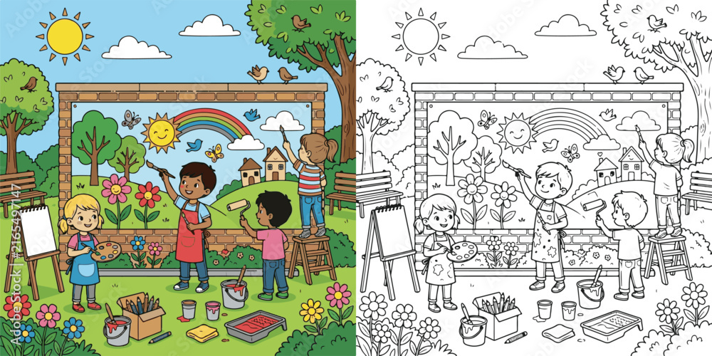 Naklejka premium young artist creating a colorful community mural with friends school student creative career adventure cartoon clipart and lineart print vector illustration for educational color coloring book