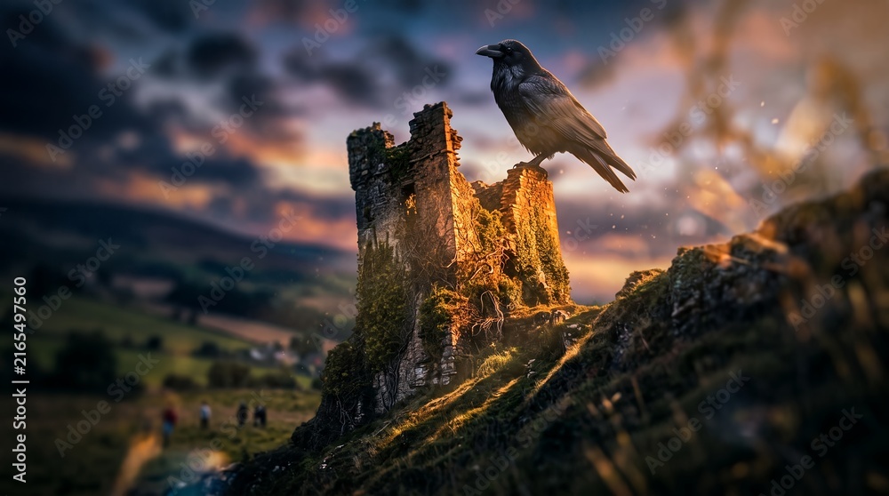 Naklejka premium Majestic black raven on ancient stone ruins showcasing dramatic sunset sky, green highland landscape and medieval tower, concept for gothic fantasy and mysterious atmosphere