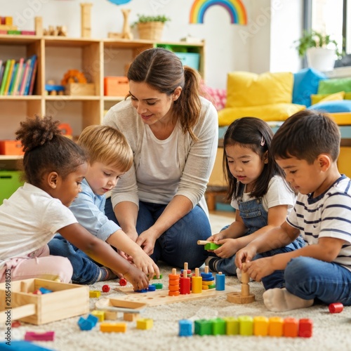 Preschool Teacher Playing with Children Using Colorful Blocks