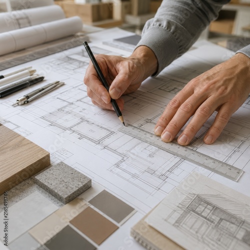 Architect Drawing Floor Plans with Material Samples on Desk