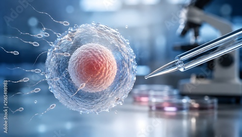 In vitro fertilization procedure showing egg cell and sperm under microscope