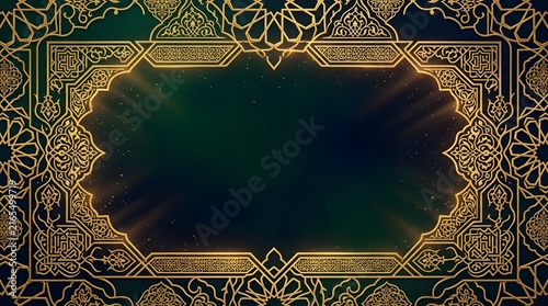 Luxurious Islamic background featuring intricate gold geometric patterns, arabesque designs, and glowing light effects with a dark green and blue gradient center. Perfect for Ramadan, Eid, and religio