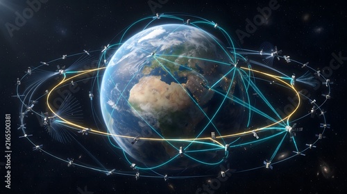 Global satellite network and orbital communication system. Planet Earth with glowing data connections and satellite constellation in outer space