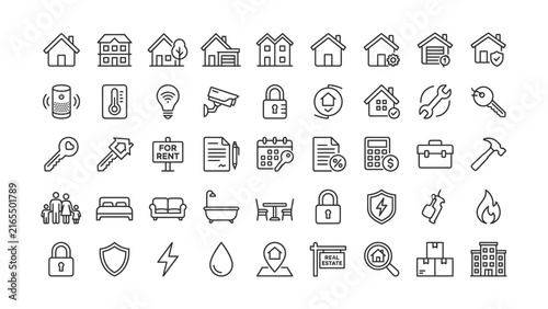 A comprehensive set of modern line icons for real estate smart home and property management services in a digital interface design