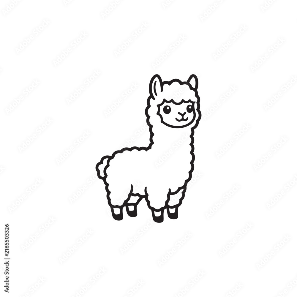 Naklejka premium Cartoon alpaca black and white line drawing