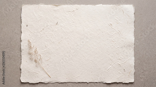 Handmade Paper Sheet with Dried Grass on Gray Background