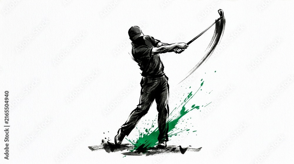 Fototapeta premium Ink illustration of a male golfer swinging a club with green splatters