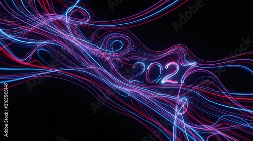 A vibrant digital illustration of swirling neon lines and the year 2027 in glowing font