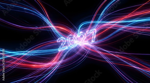 A vibrant digital artwork celebrating the year 2027 with colorful neon light trails