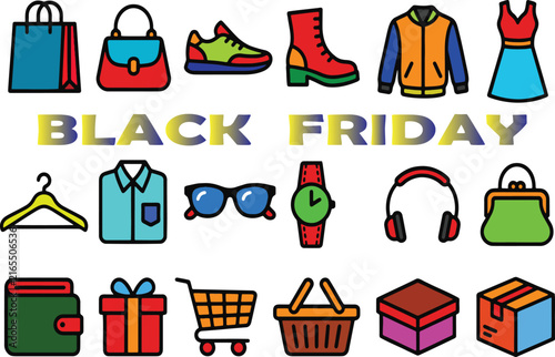 Colorful black friday shopping icons set with bags and gifts