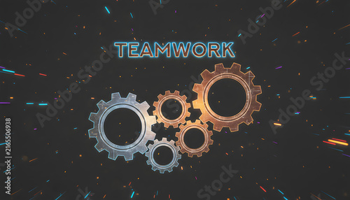 Teamwork concept with metallic gears and cogs on a dark background for business strategy.