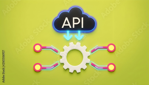 API cloud computing concept with gear icon representing software integration and data flow.