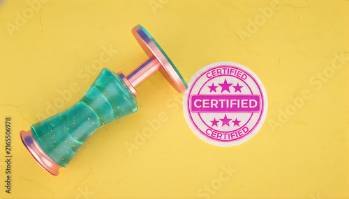 Certified stamp impression on yellow background with rubber stamper tool