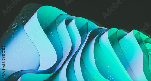 3d Abstract technology background with futuristic flowing wavy glass layered on black background.