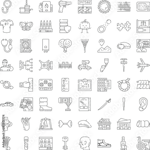 Large assortment of black linear icons and pictograms for web and app ui, minimal outline symbols of objects, tools, services, activities and concepts for modern interfaces