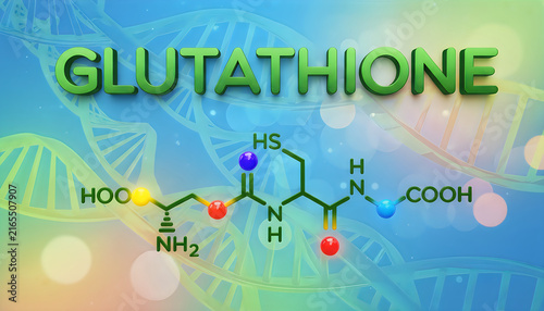 Glutathione chemical structure formula on a DNA background for medical and science research.