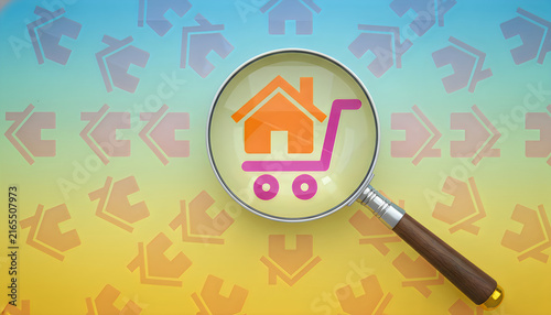 Magnifying glass over a house shopping cart icon representing real estate market research.
