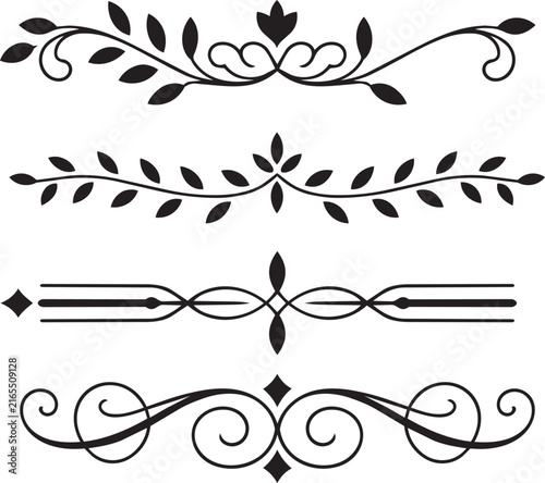 Set of four black decorative flourish dividers and floral ornaments