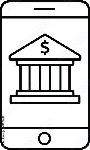 Smartphone screen displaying a black outline of a bank building with a dollar sign symbol