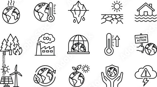 Foto Climate change and global warming line icons set featuring melting iceberg, carb