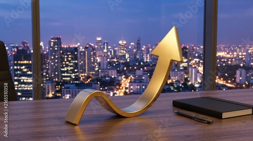 3D golden upward arrow on desk symbolizing corporate growth and financial success overlooking city skyline at night