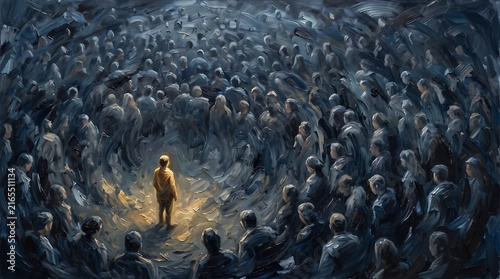 Illuminated Individual Standing Out in a Dark Crowd - Abstract Painting
