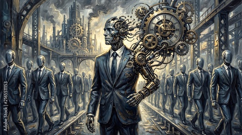 Cyborg Business Leader in Steampunk Industrial City with Automatons