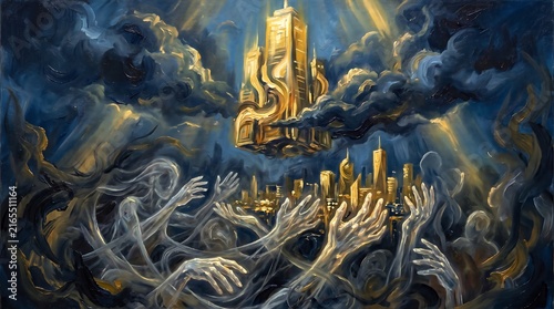 Golden Celestial City with Reaching Spirit Hands