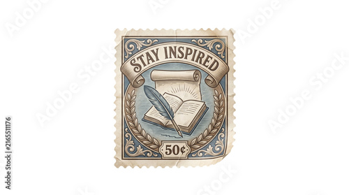 Vintage Stamp Featuring Open Book Quill Pen and Scroll with Stay Inspired Message.