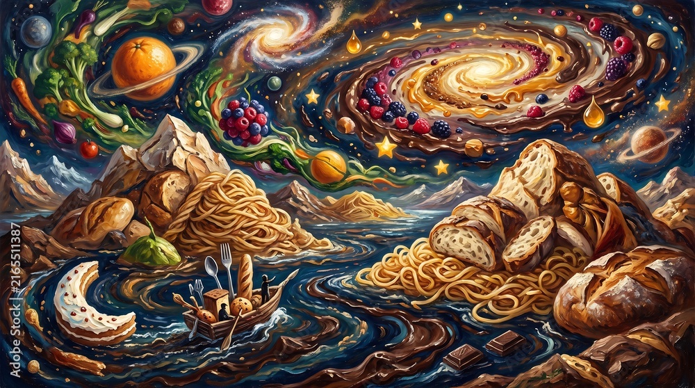 Fototapeta premium Culinary Cosmos: Surreal Food Landscape Oil Painting with Galaxies and Planets