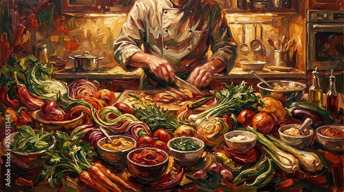 Impressionistic Chef Preparing Vibrant Fresh Vegetables