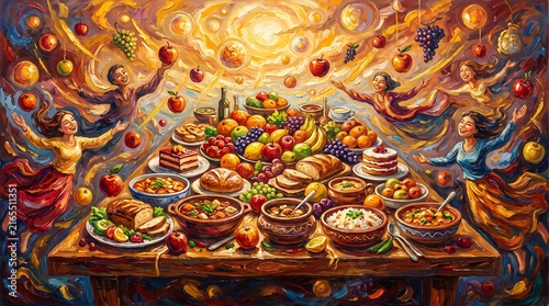 Vibrant Impressionistic Feast with Joyful Dancing Figures