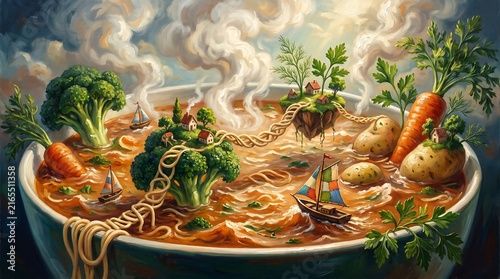 Surreal Soup World with Vegetable Islands and Noodle Bridges