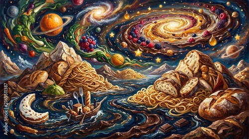 Culinary Cosmos: Surreal Food Landscape Oil Painting with Galaxies and Planets