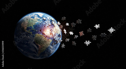 Planet Earth made of puzzle pieces dissolving into space, global concept illustration.