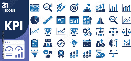 Modern blue and navy KPI solid icon set featuring analytics, performance metrics, dashboards, reports, ROI, productivity, business intelligence, and growth symbols.