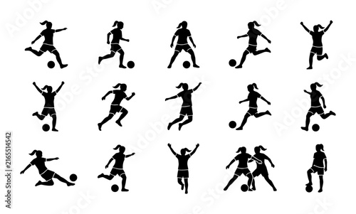 Female Soccer Player Silhouettes, 15 Action Poses Vector Set, Dynamic Sports Graphics for Athletic Themes