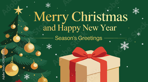 Merry Christmas and Happy New Year Luxury Greeting Card with Tree and Gift Box