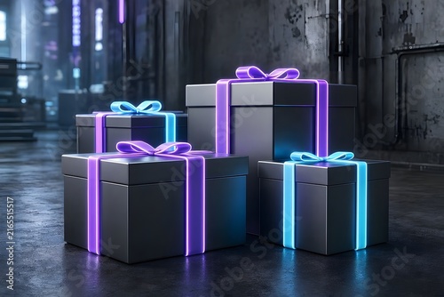 Cyberpunk neon gift boxes on dark background. Futuristic black presents with glowing purple lines 3D render.